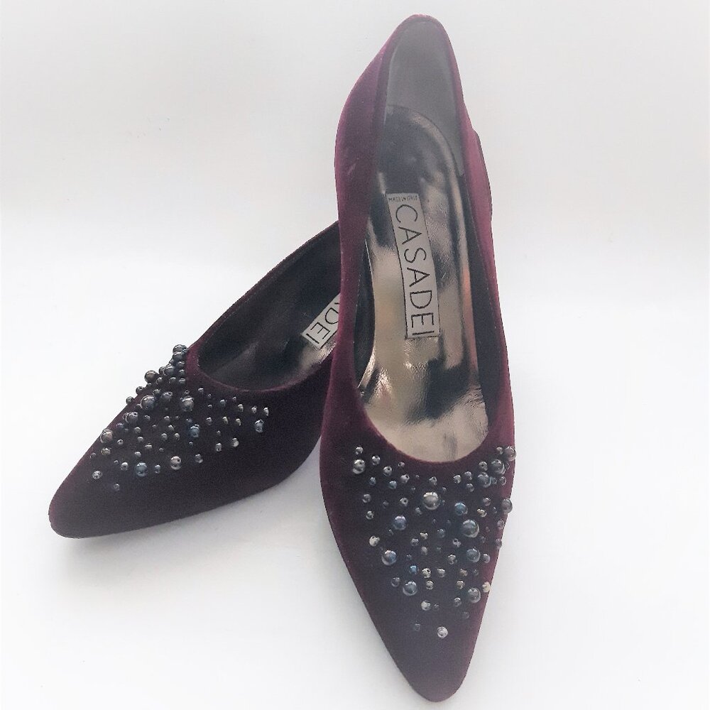 Women's CASADEI Pointed Toe Pumps Shoes Size 38 EU Pearls Velvet Beaded Italy